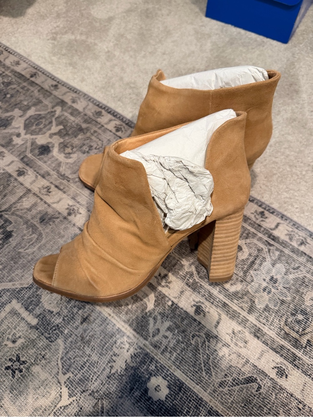 Suede Peep-Toe Block Heel Ankle Boots in Tan